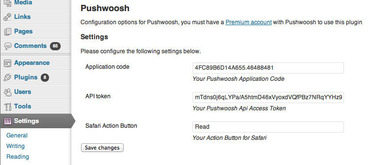 Pushwoosh WordPress plugin settings