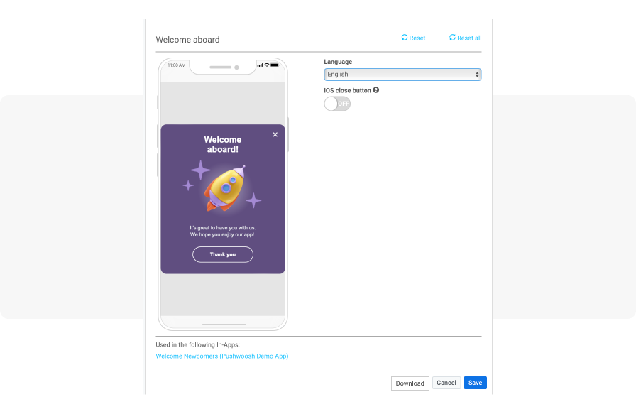 Welcome in-app message template - Pushwoosh