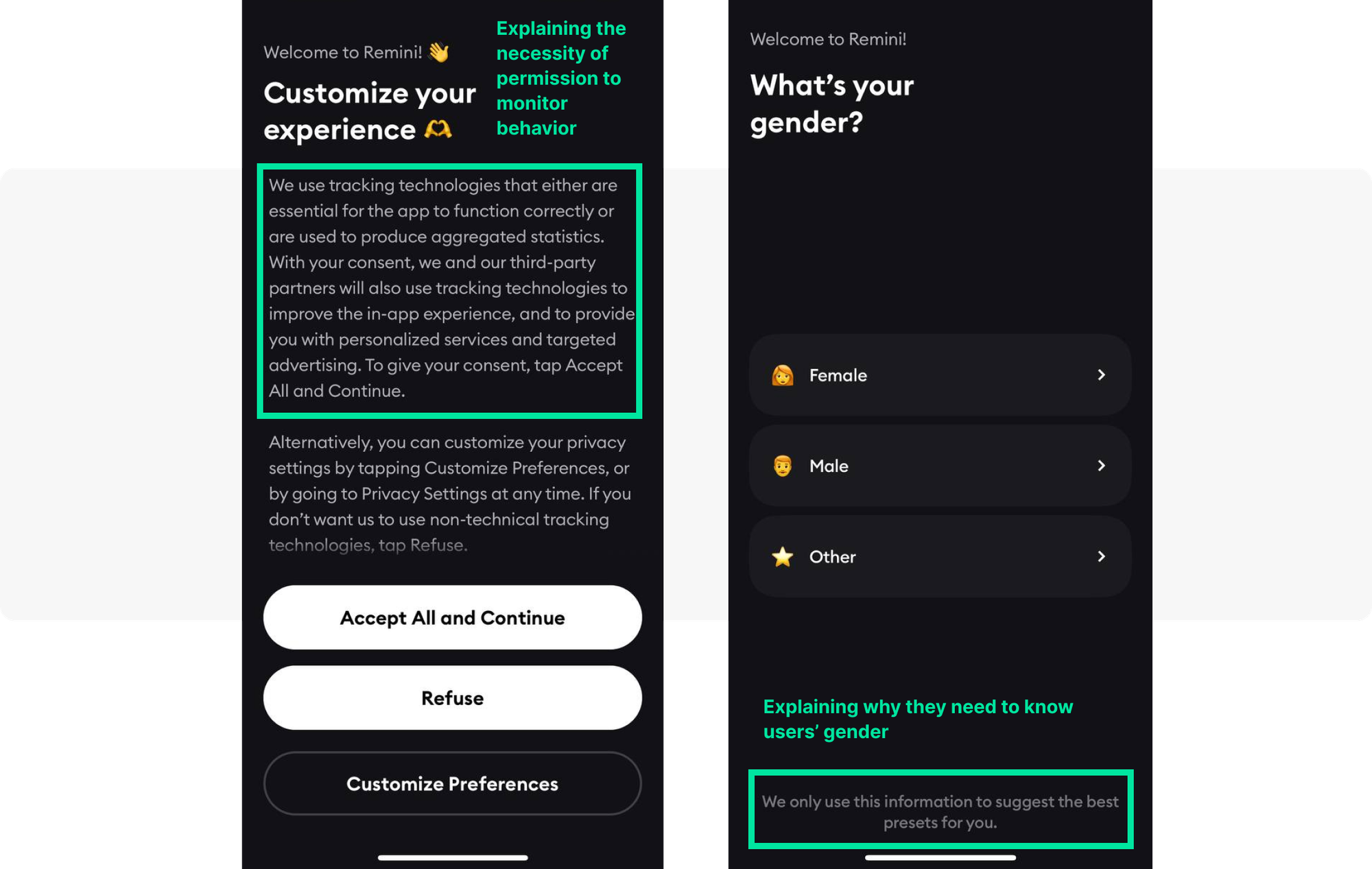 Remini app onboarding welcome in-apps