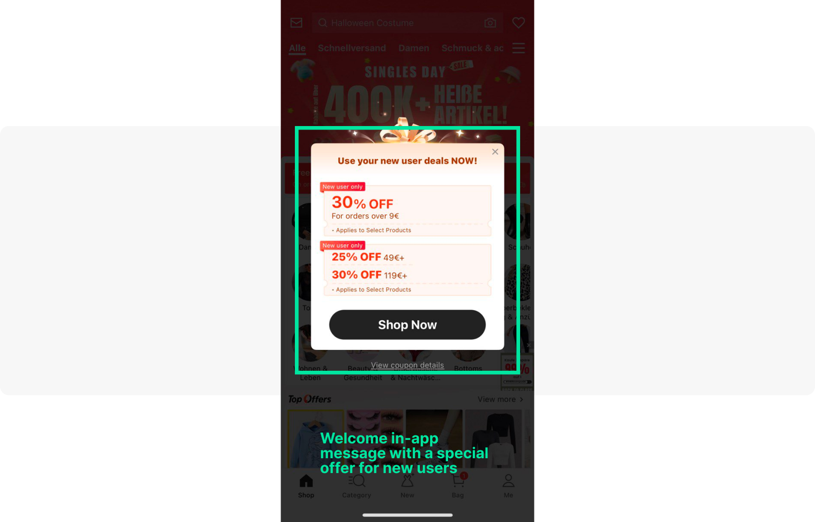 Shein app welcome in-app special offer
