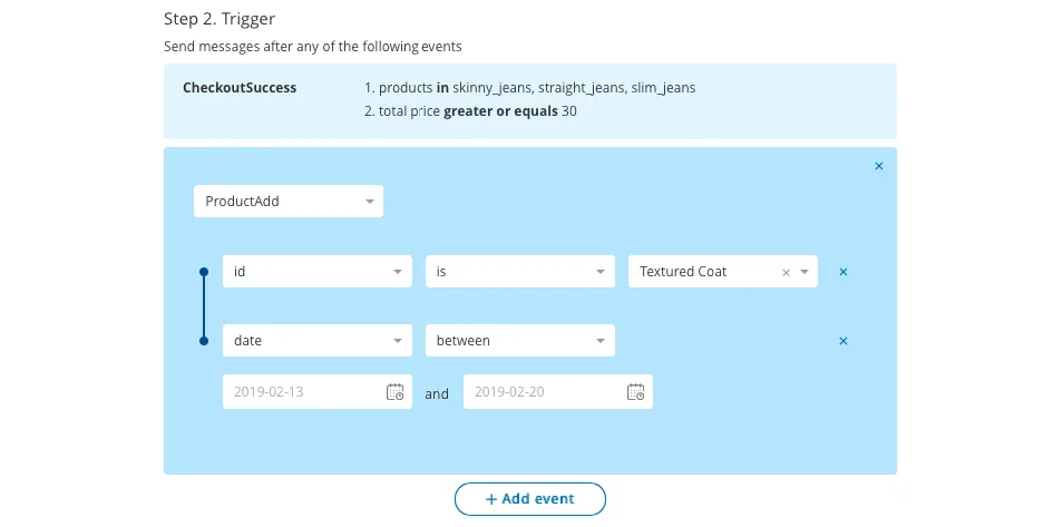 Интерфейс настройки триггерных событий в Pushwoosh