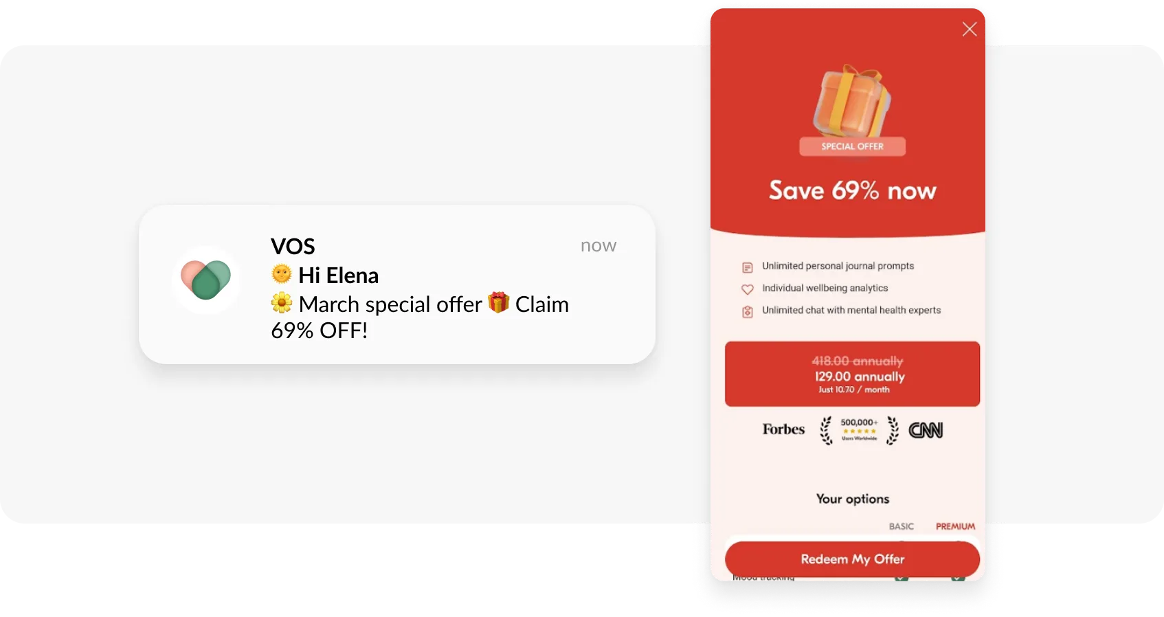একটি সুস্থতা অ্যাপ থেকে স্বয়ংক্রিয় পুশ-নোটিফিকেশন এবং ইন-অ্যাপ