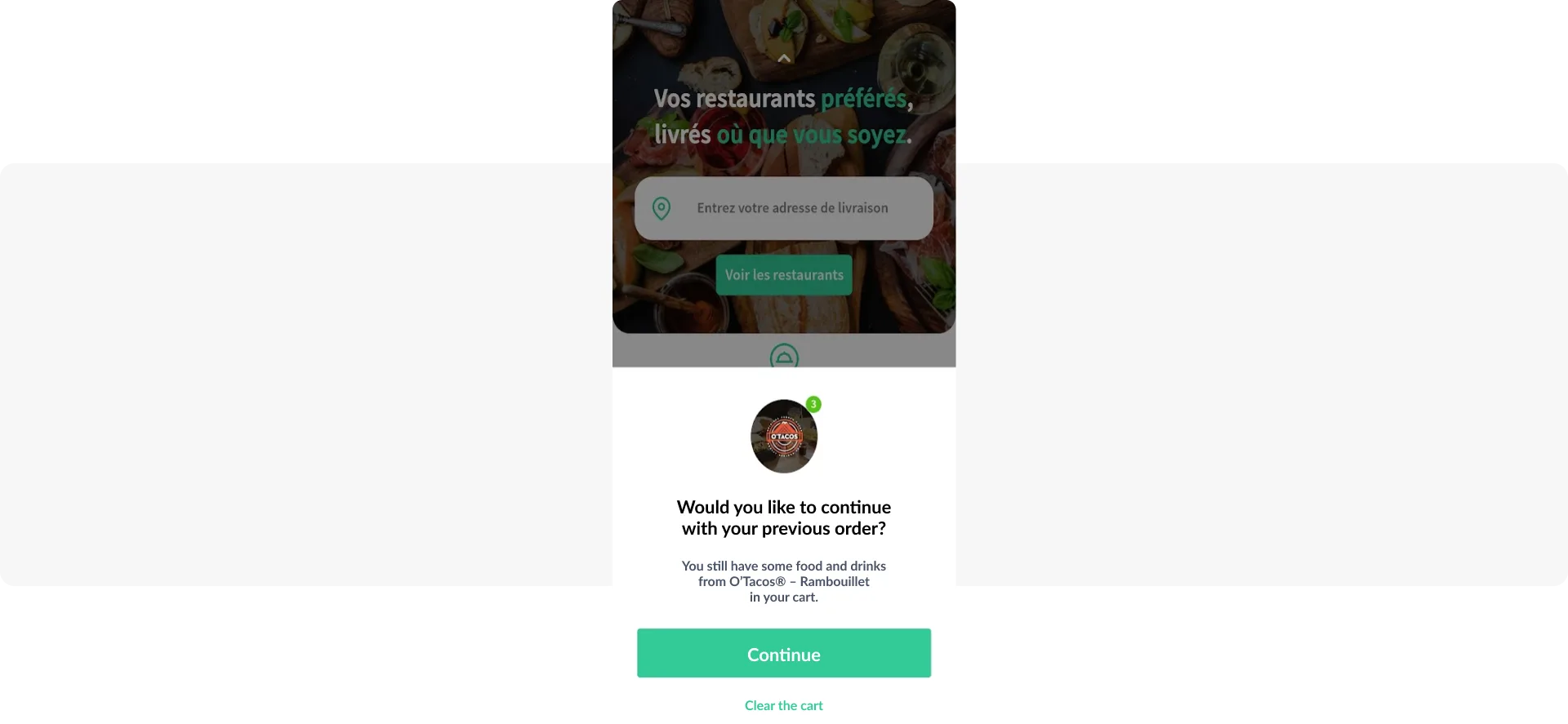 Message pour récupérer un panier abandonné - application de livraison de repas Glovo