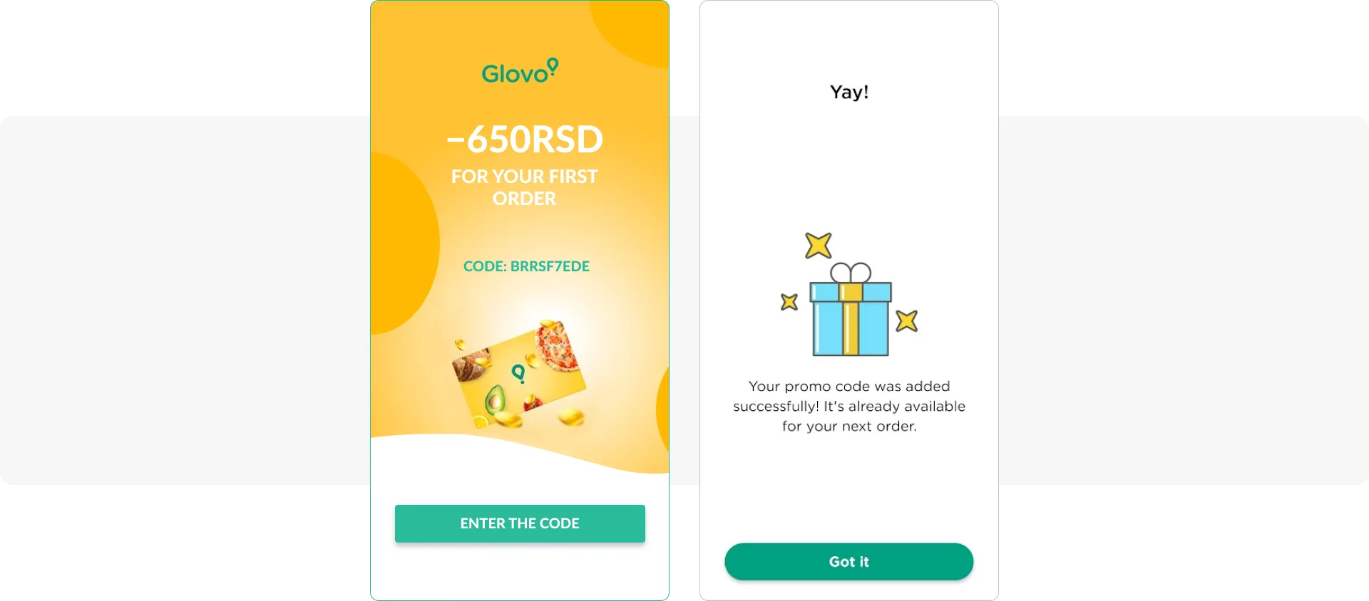 Message avec une réduction pour la première commande pour activer les utilisateurs - application de livraison de repas Glovo