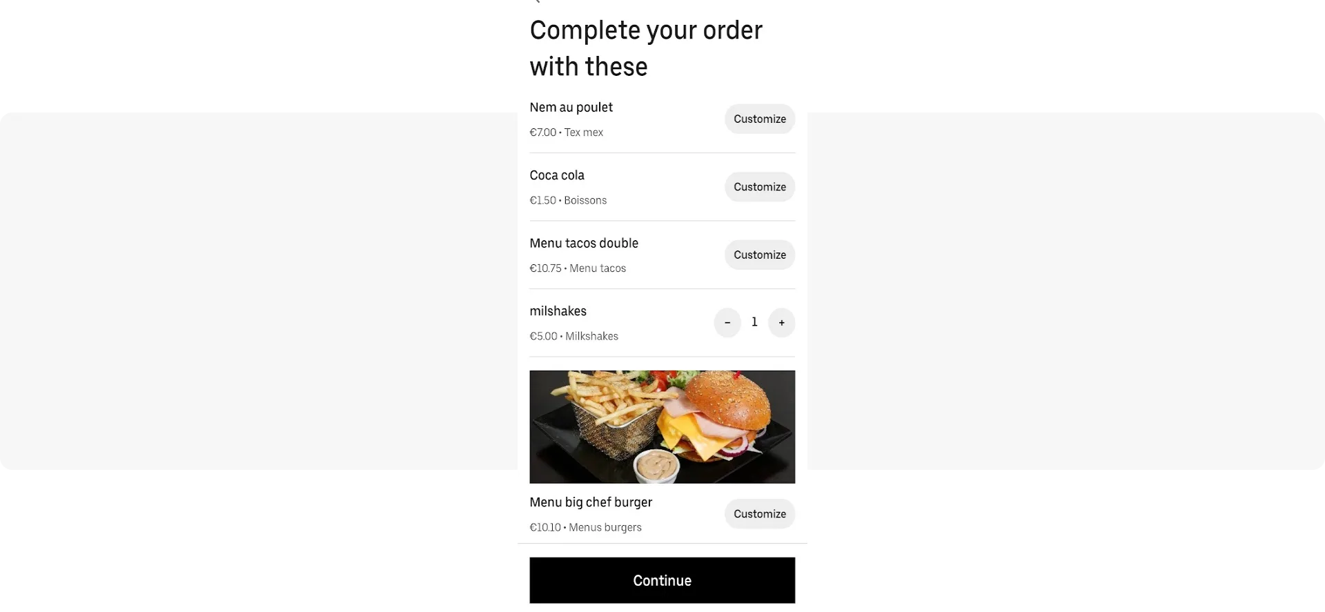 Message de vente croisée - application de livraison de repas UberEats