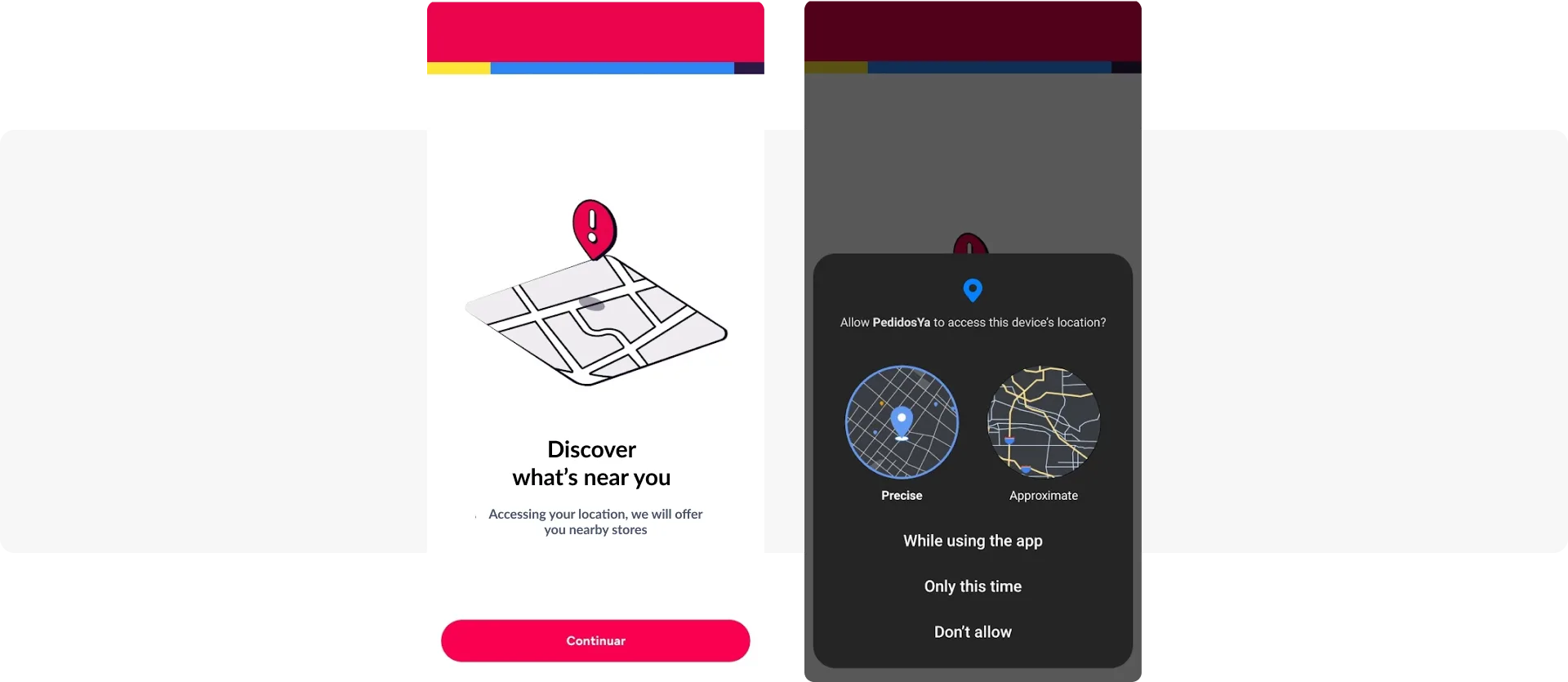 Message de demande d'accès à la localisation - application de livraison de repas PedidosYa