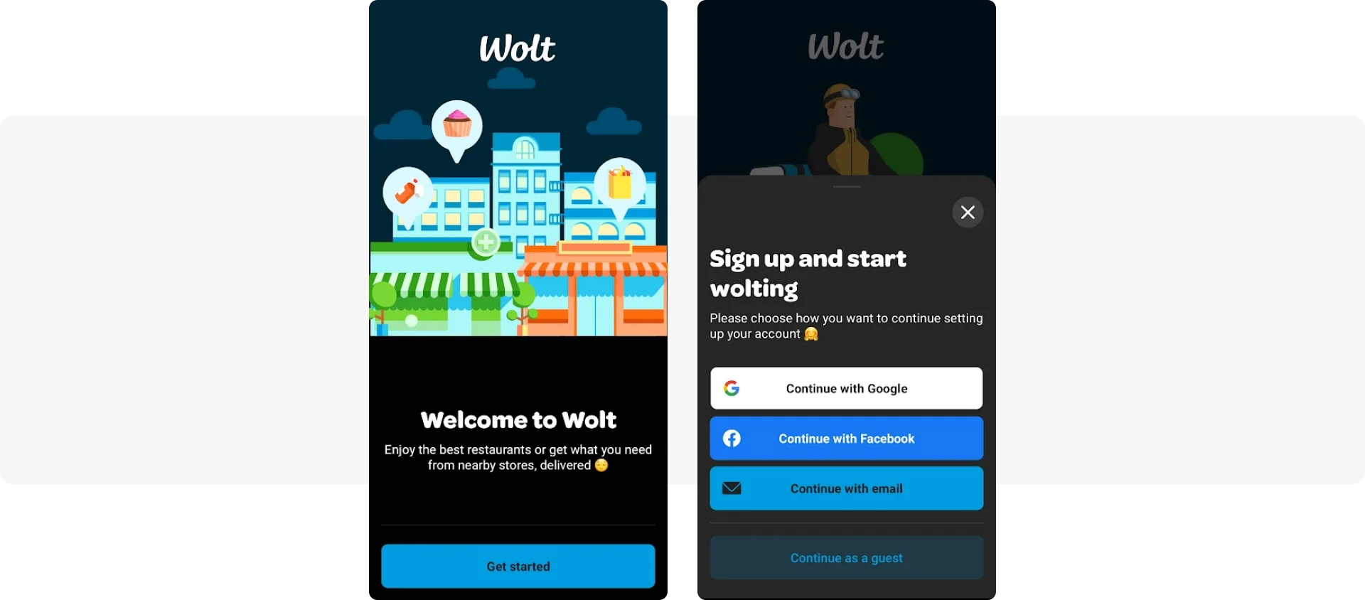 Messages d'inscription - application de livraison de repas Wolt