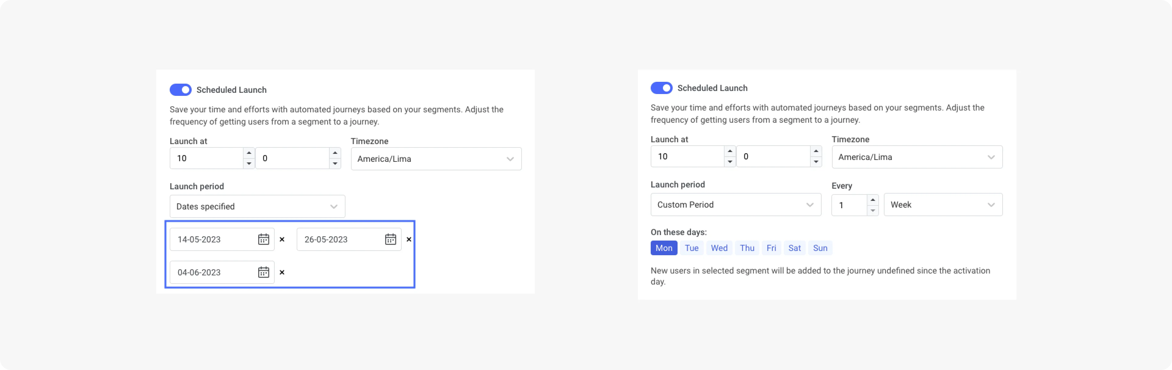 चयनित तिथियों और सप्ताह के दिनों के लिए अभियान शेड्यूल करें - Pushwoosh कस्टमर जर्नी बिल्डर