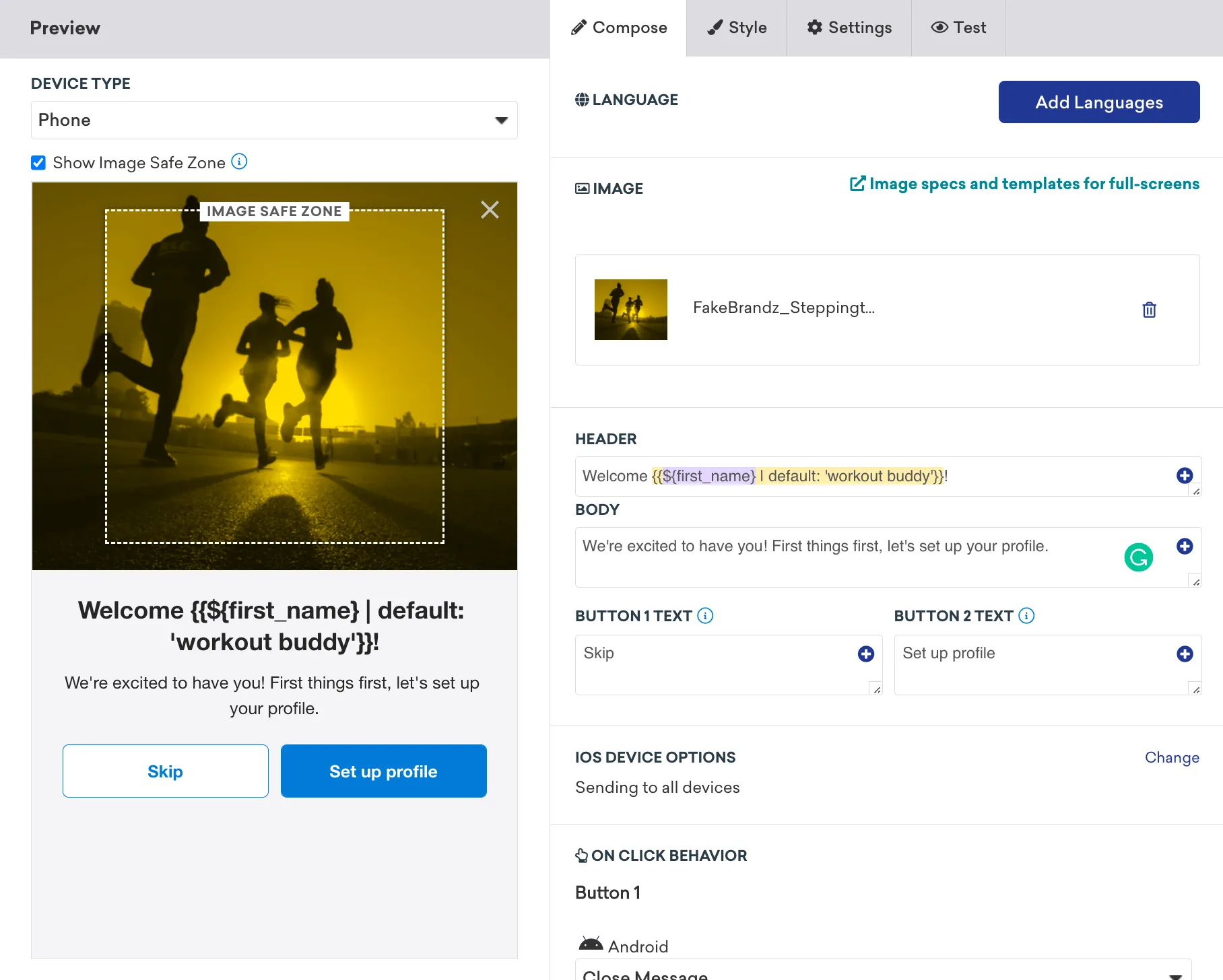 เครื่องมือแก้ไข in-app messaging ของ Braze
