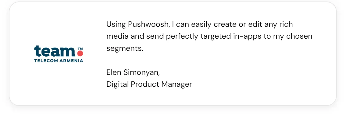 คำรับรองจากลูกค้า Pushwoosh จาก Team Telecom Armenia