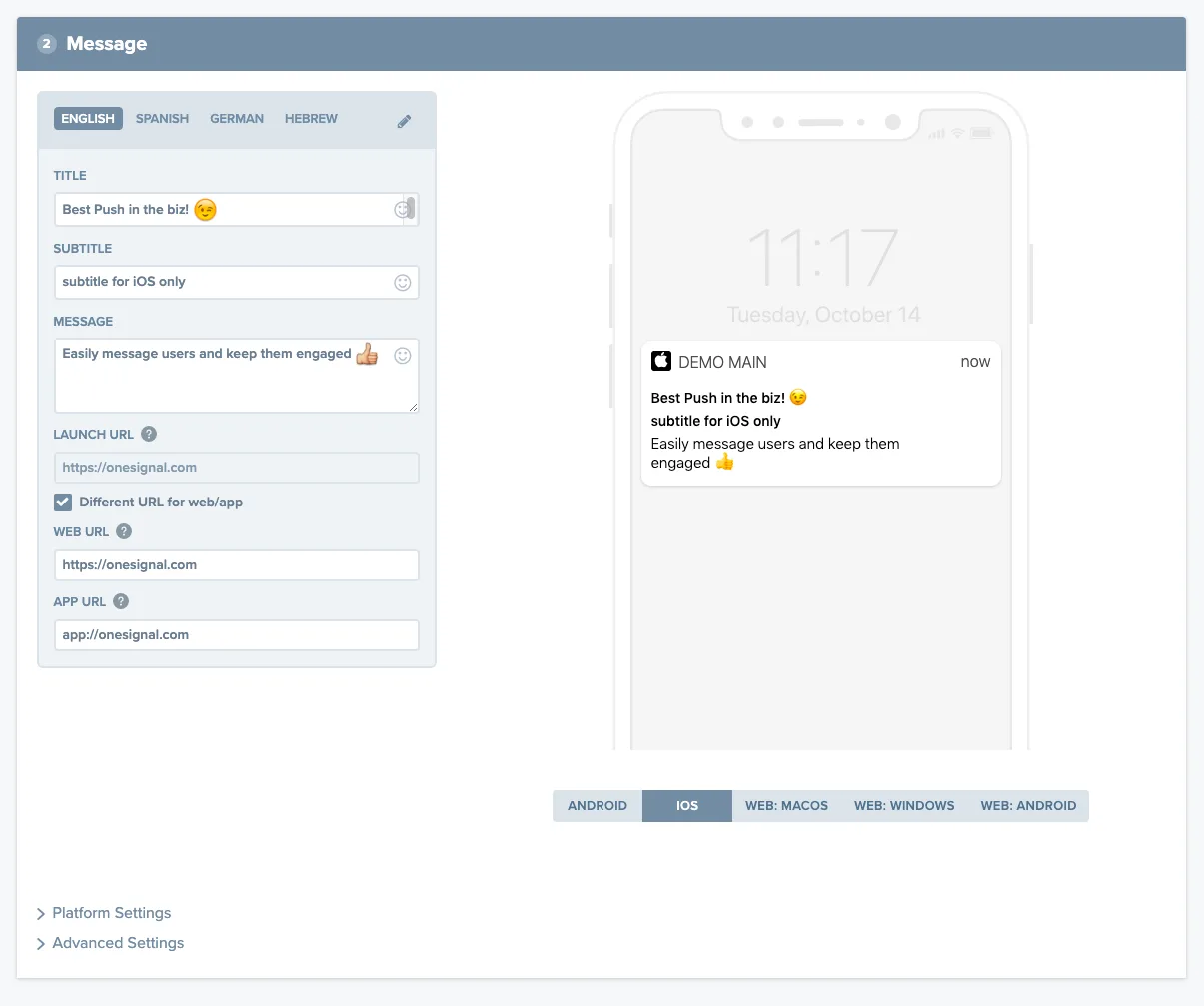 OneSignal mobile push notifications editor
