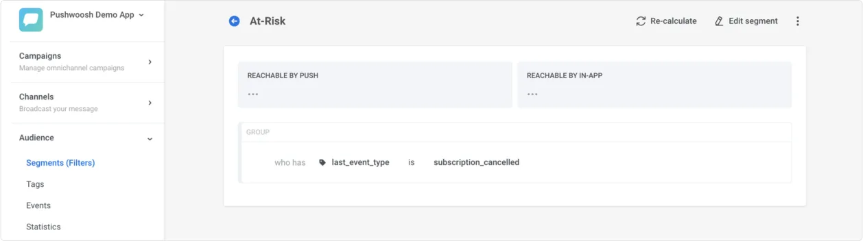 Cohorte en riesgo de Amplitude cargada como un segmento en Pushwoosh