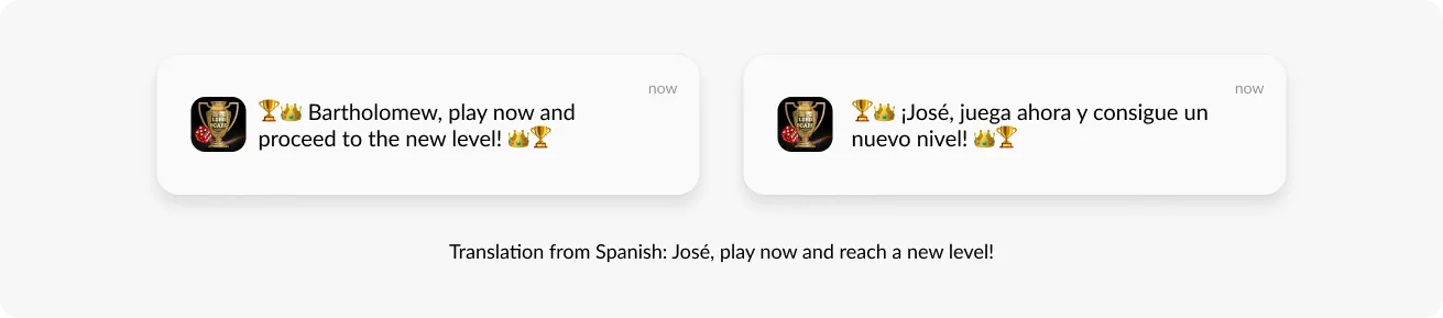 Beach Bum Games 의 다국어 메시징 예시 및 개인화된 푸시 커뮤니케이션