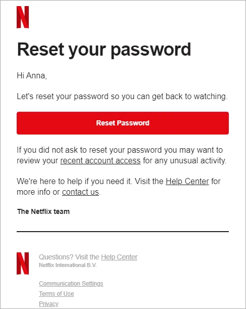 Netflix Passwortzurücksetzung - Beispiele für Transaktions-E-Mails