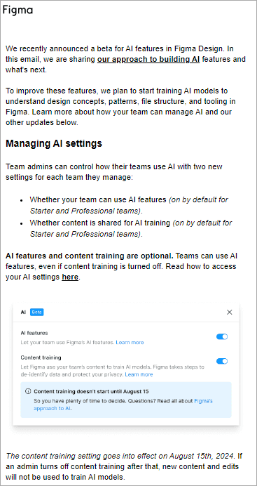 Figma changes to AI terms email