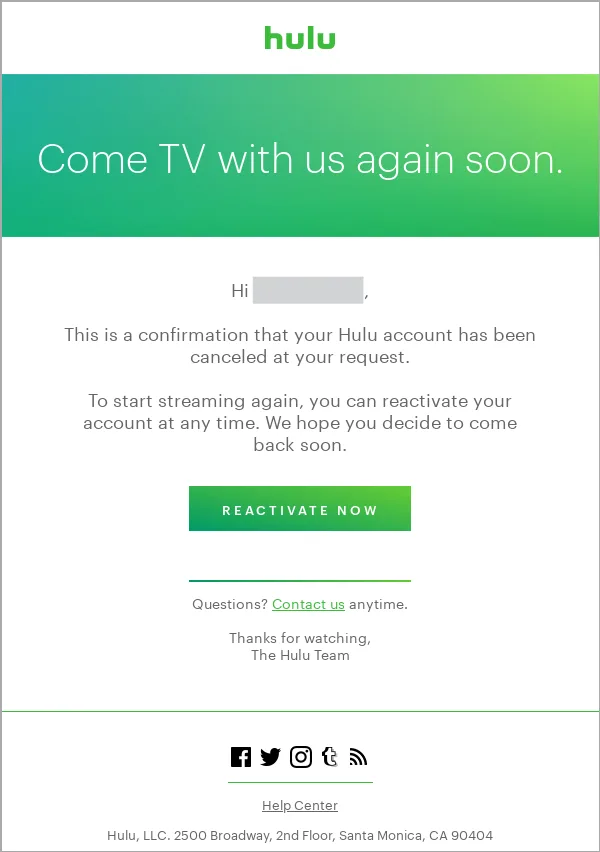 Hulu Stornierungsbestätigungs-E-Mail
