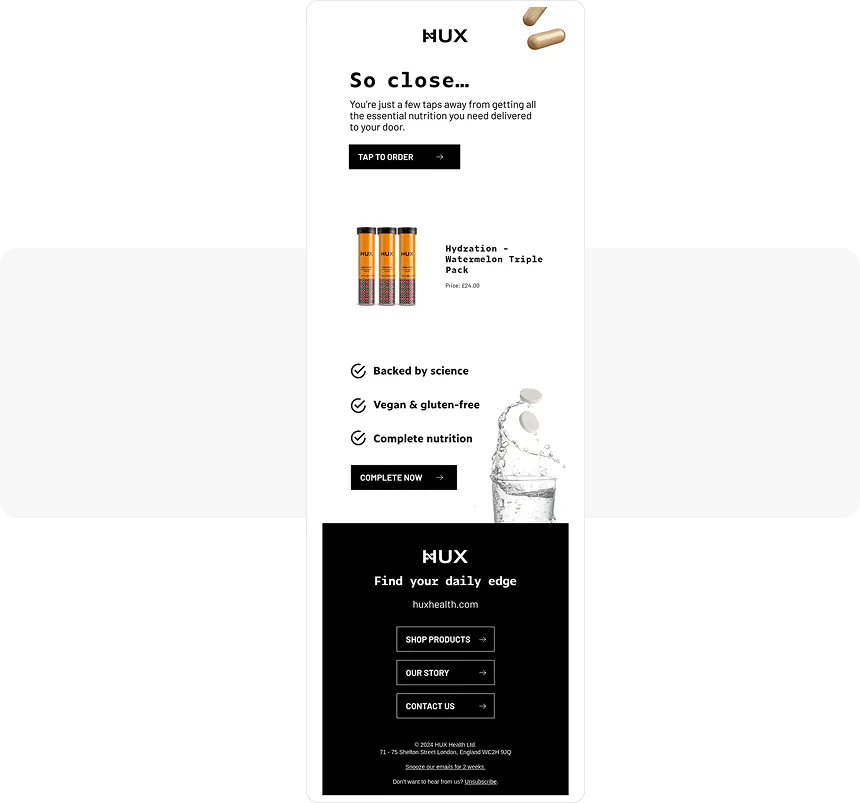 Ejemplo de correo electrónico de carrito abandonado «Casi listo» de HUX