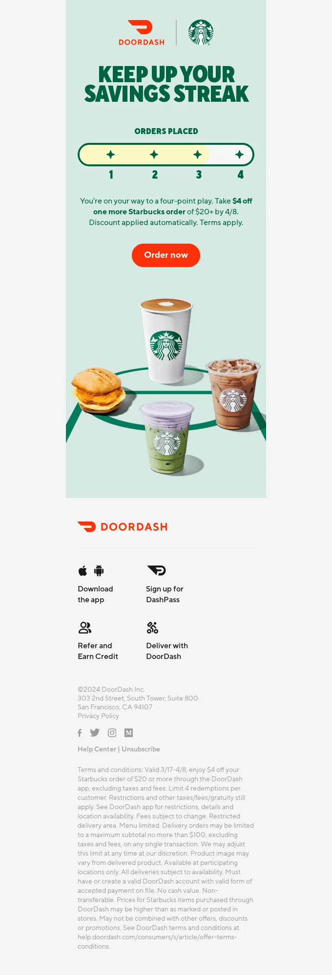 Ejemplo de correo electrónico del programa de lealtad de DoorDash
