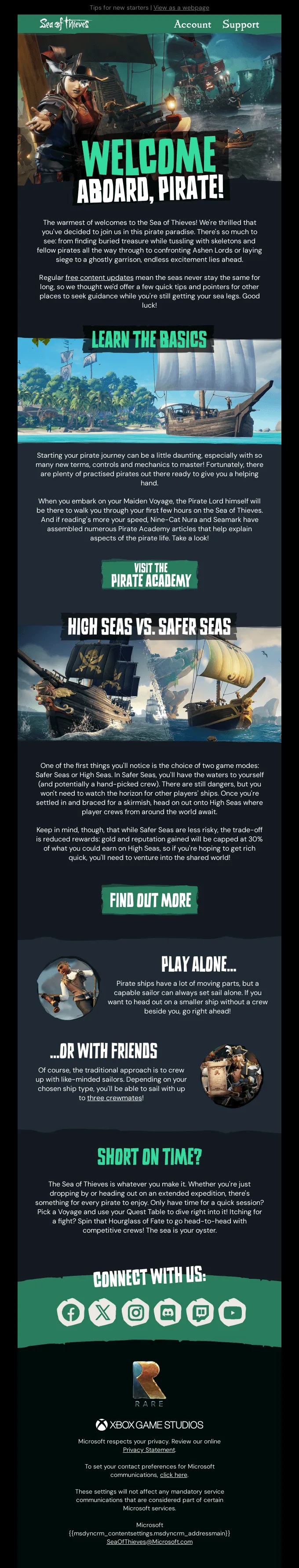 Ejemplo de correo electrónico de bienvenida de Sea of Thieves