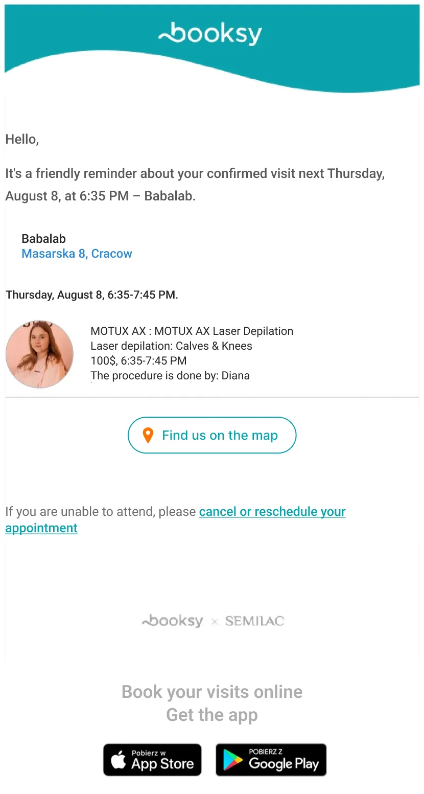 Ejemplo de correo electrónico transaccional de recordatorio de cita