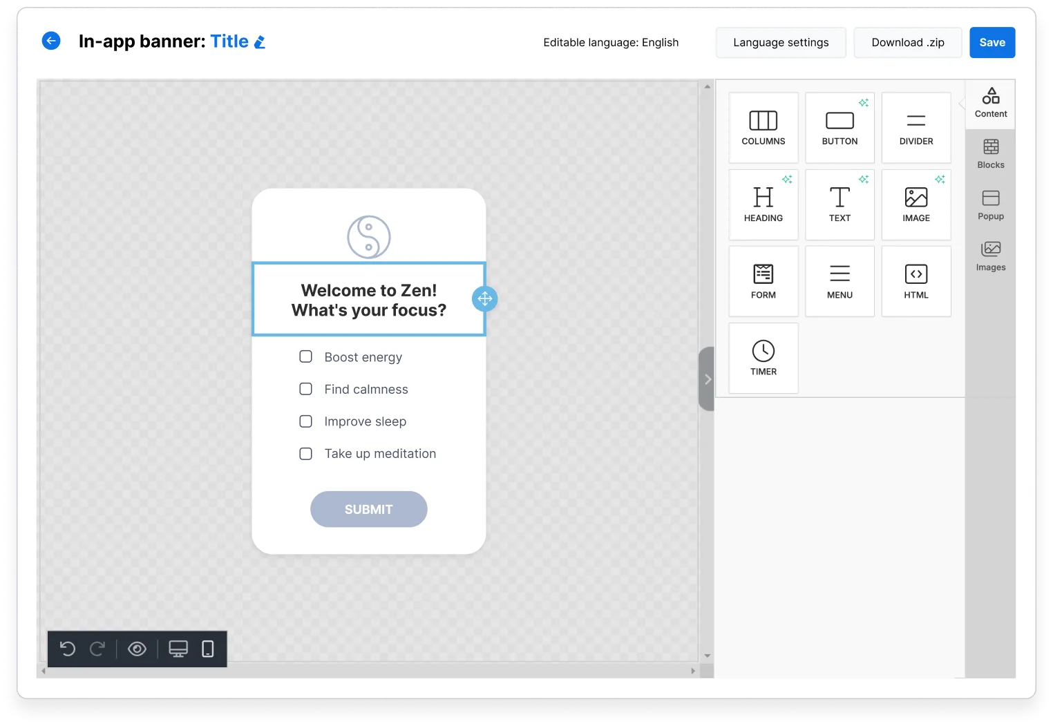 Creador de mensajes en la aplicación de Pushwoosh