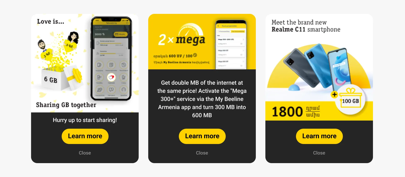 In-App-Nachrichten zur Bewerbung neuer Produkte und Dienstleistungen – Telecom Armenia