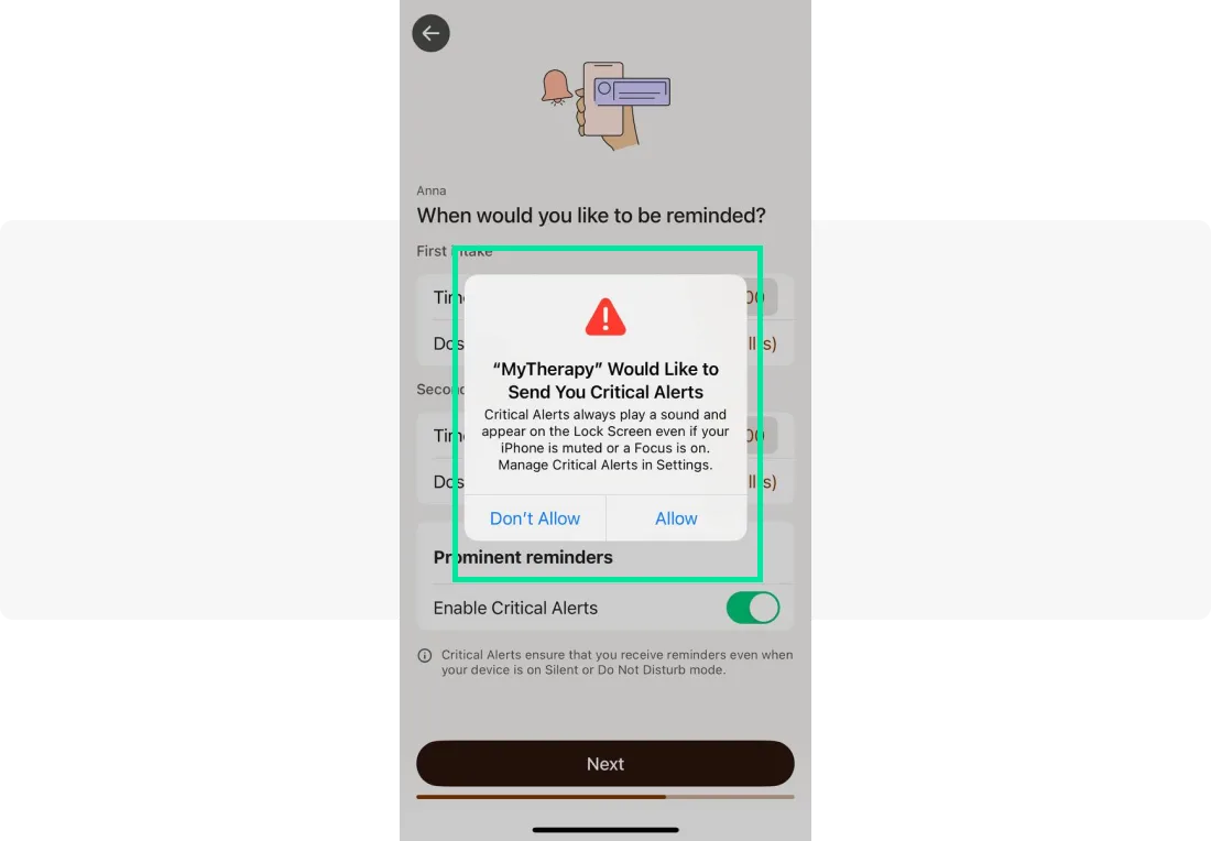 Ejemplo de opt-in en la aplicación MyTherapy