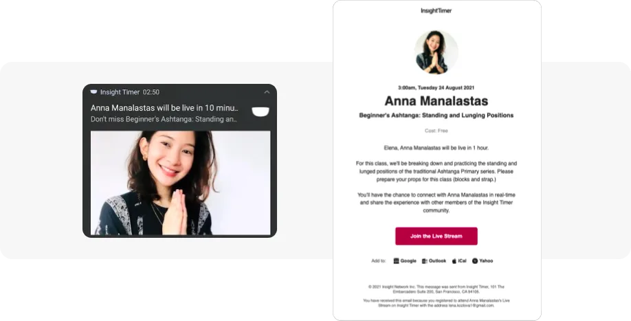Ejemplo de recordatorio por correo electrónico de un evento en directo
