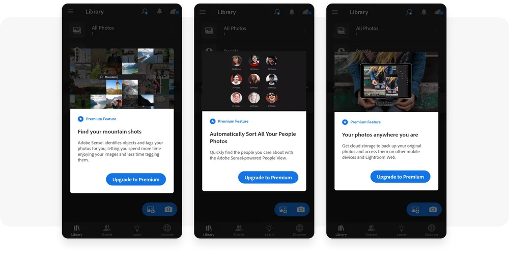 Ejemplos de adopción de funciones en la aplicación de Lightroom