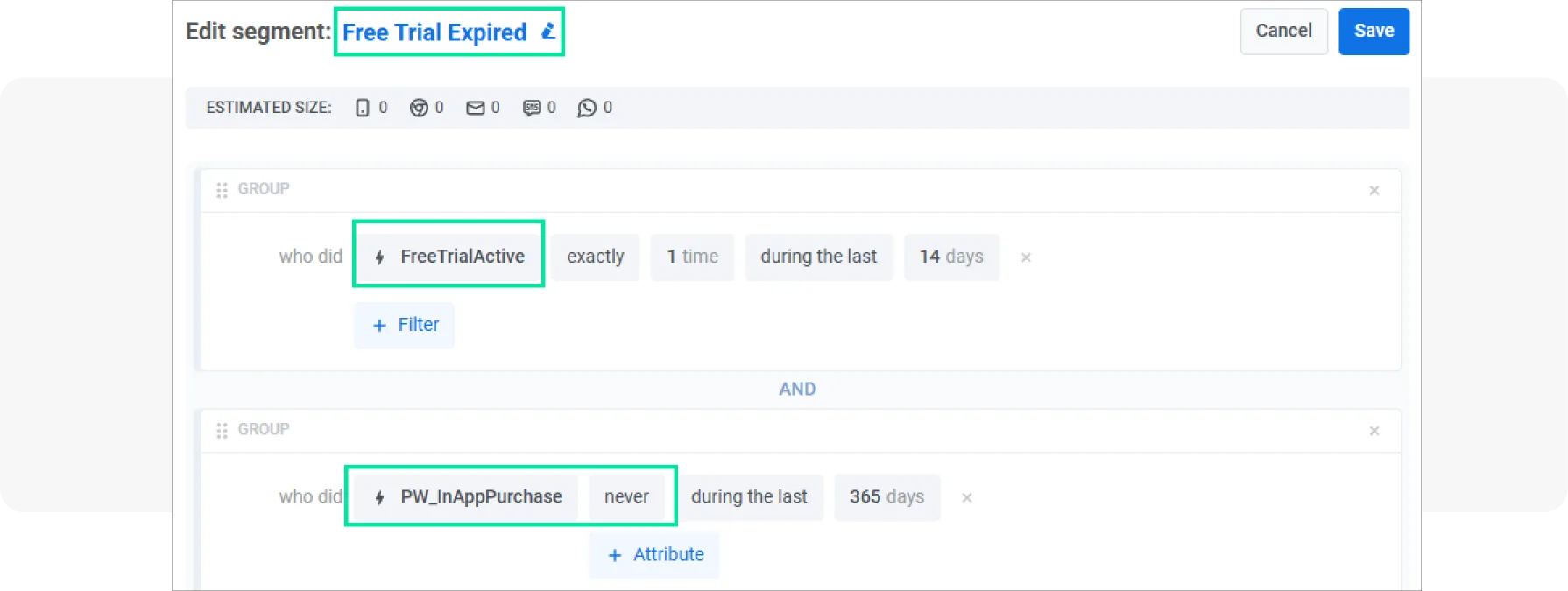 Segmento de usuarios de prueba gratuita en el creador de segmentos de Pushwoosh
