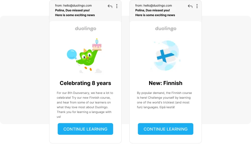 নতুন ফিচারের মাধ্যমে রি-এনগেজমেন্টের উদাহরণ Duolingo