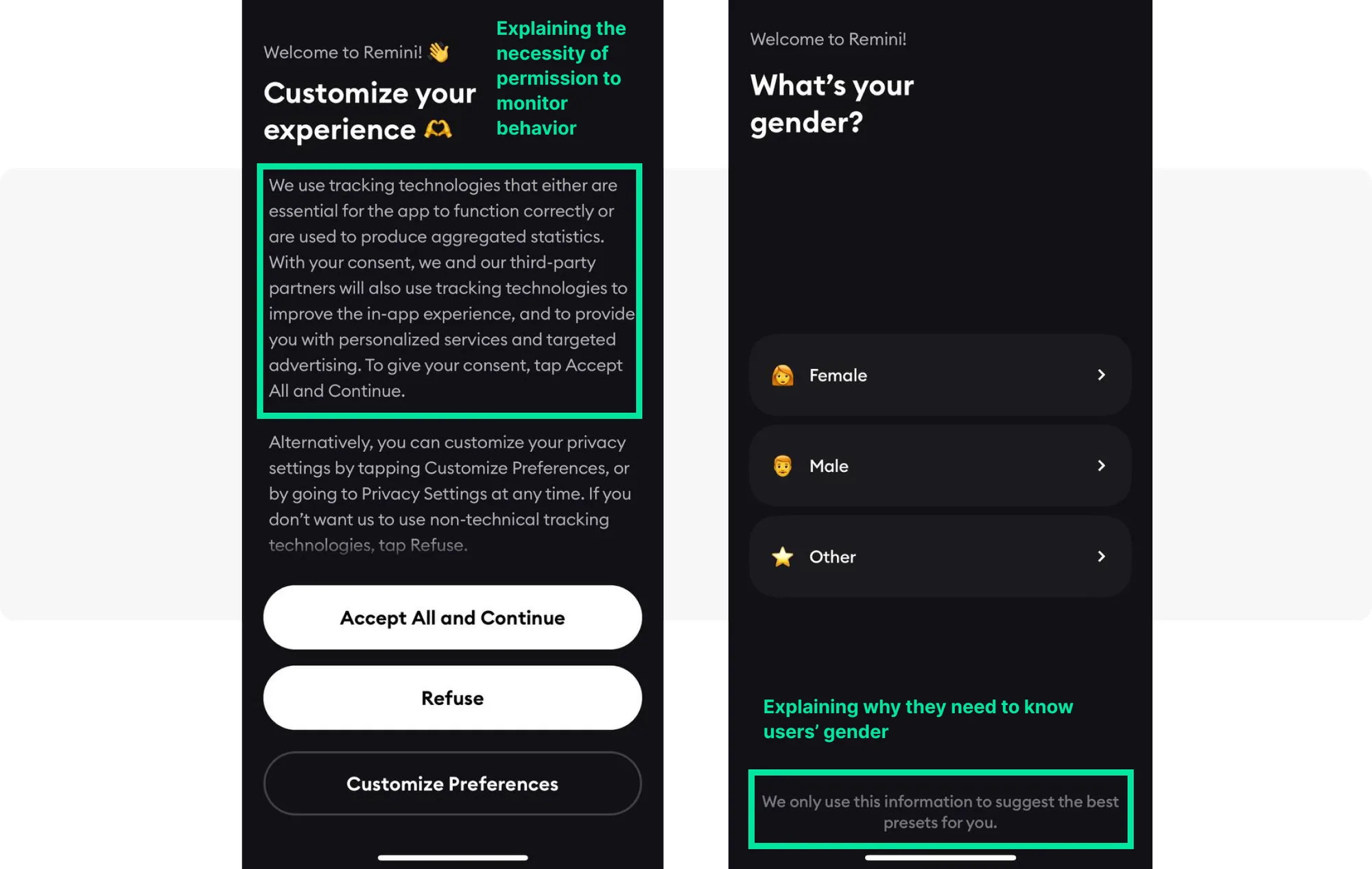Mensajes in-app de bienvenida en el onboarding de la aplicación Remini