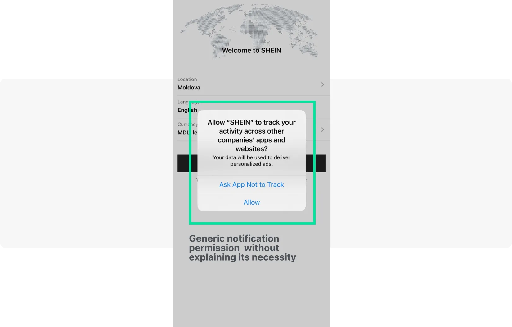 Pantalla de permiso de notificaciones de la aplicación Shein