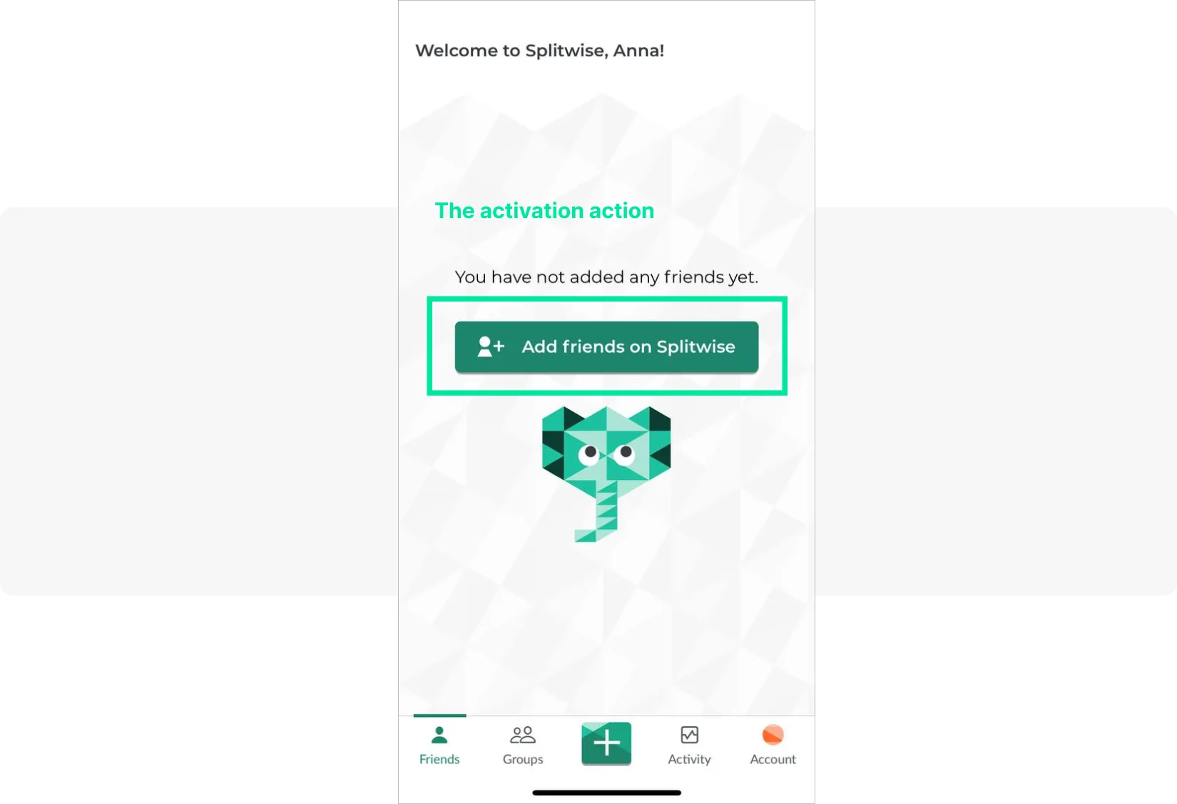 Ejemplo de activación de usuario con mensaje in-app en la aplicación Splitwise