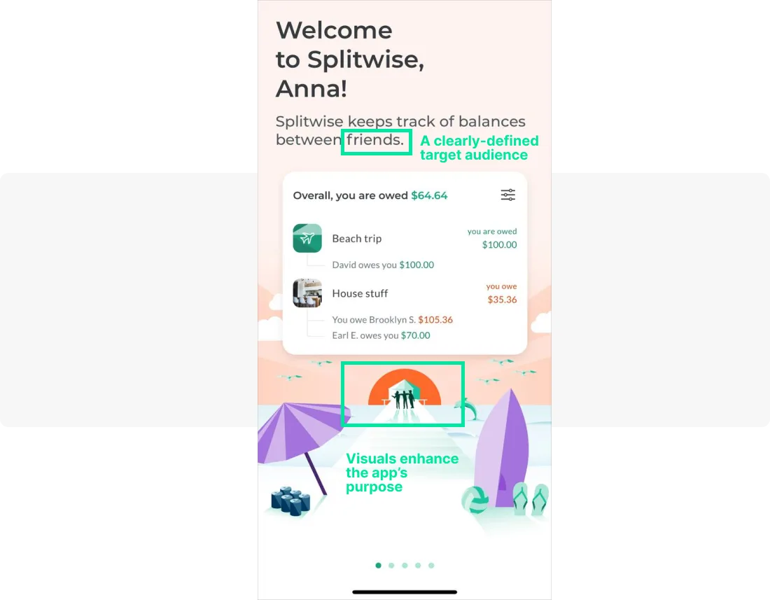Ejemplo de onboarding de la aplicación Splitwise