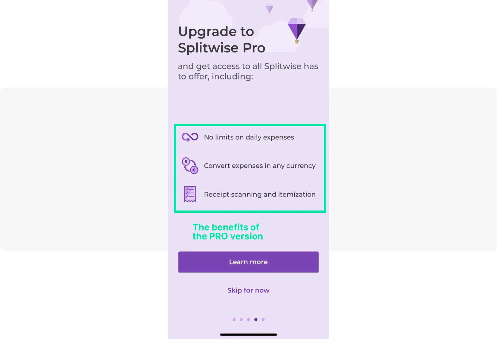 Mensaje in-app de conversión para actualizar a la versión pro de Splitwise