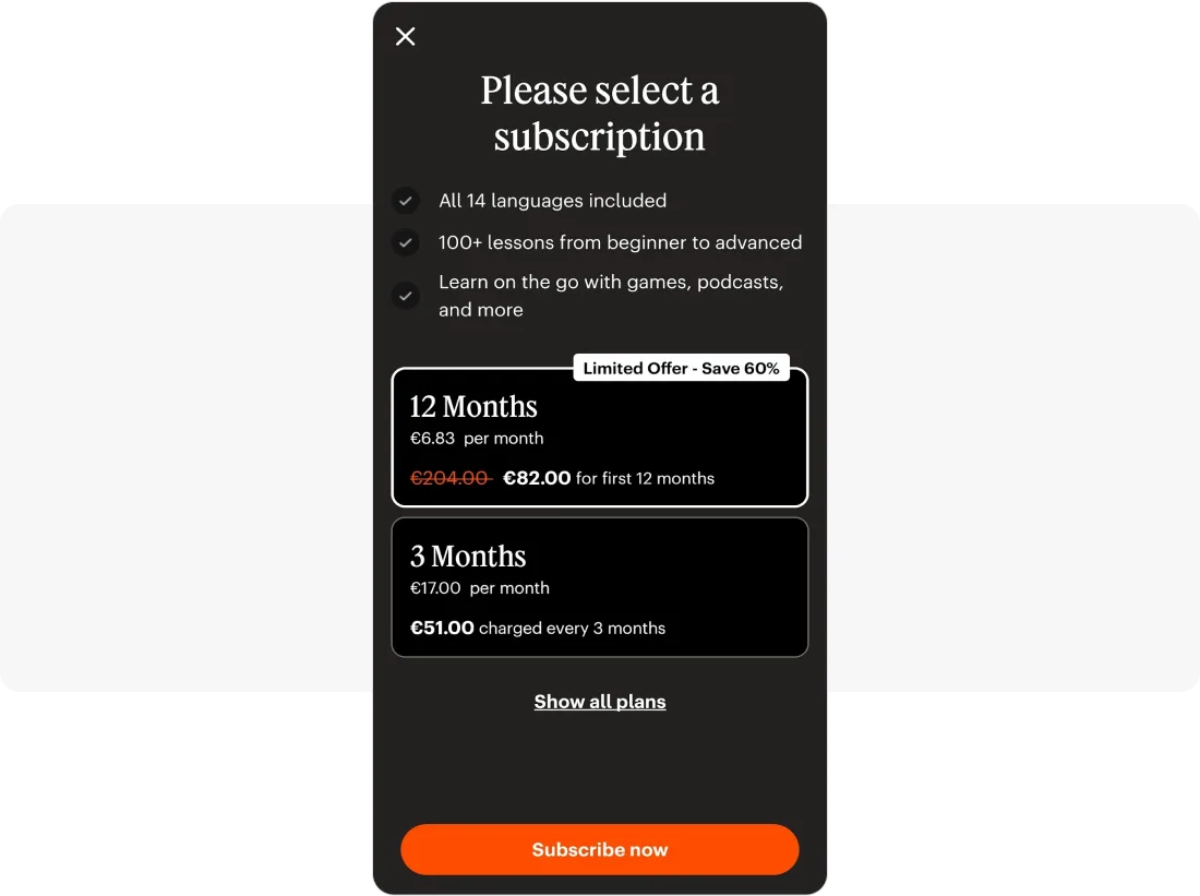 خطط الاشتراك - مثال من تطبيق Babbel