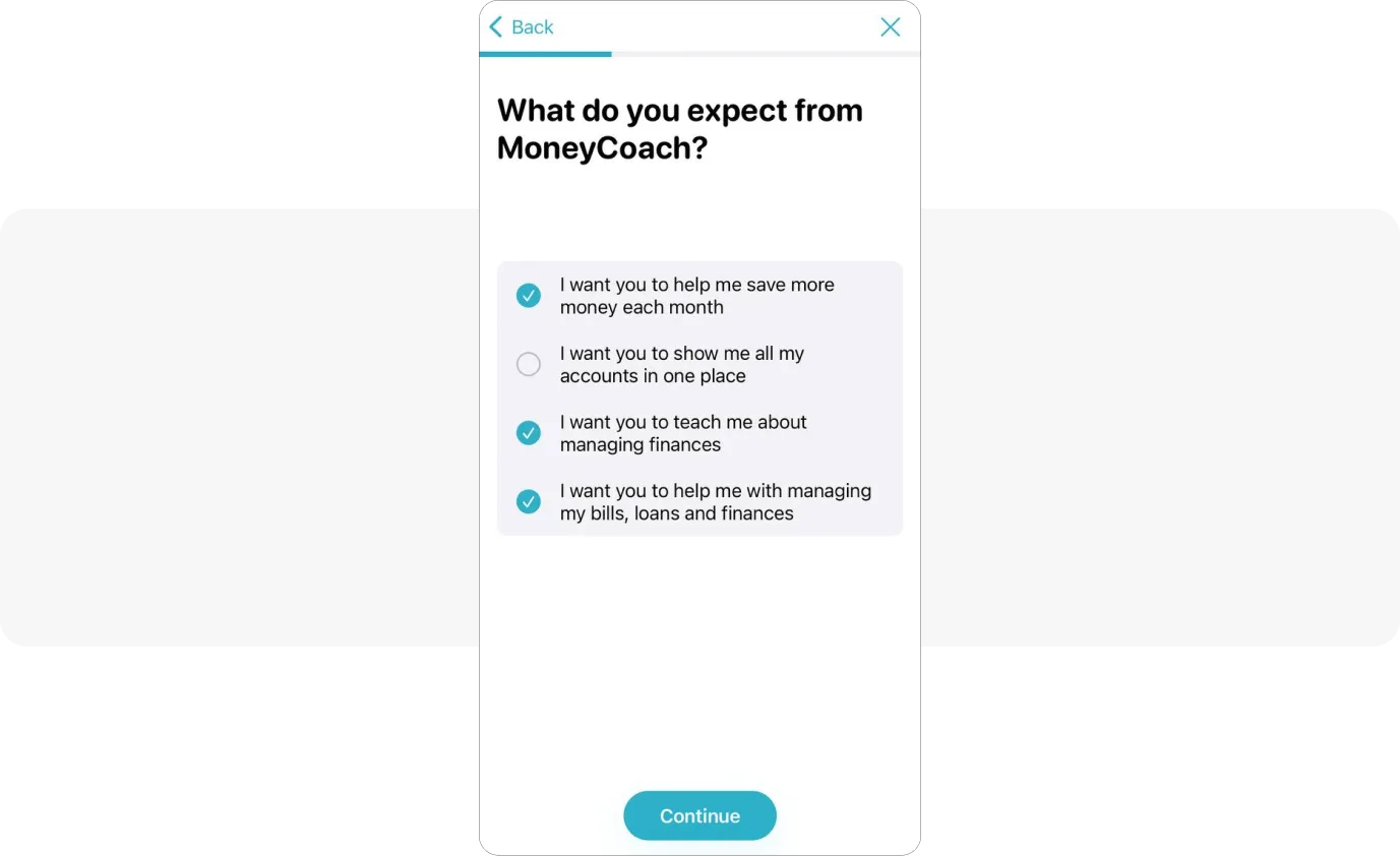 Ejemplo de cuestionario de usuario de MoneyCoach