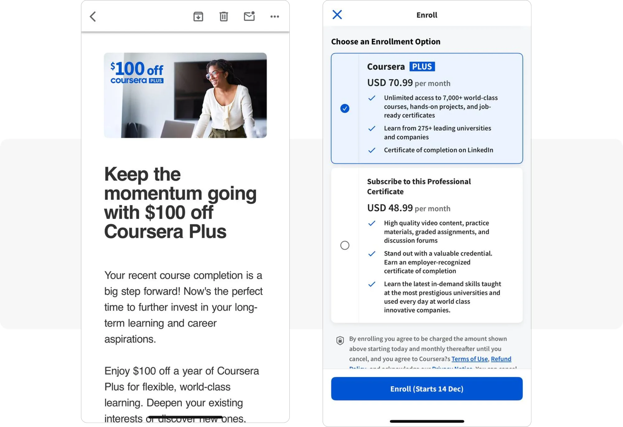 Beispiel für eine Upselling-E-Mail von Coursera
