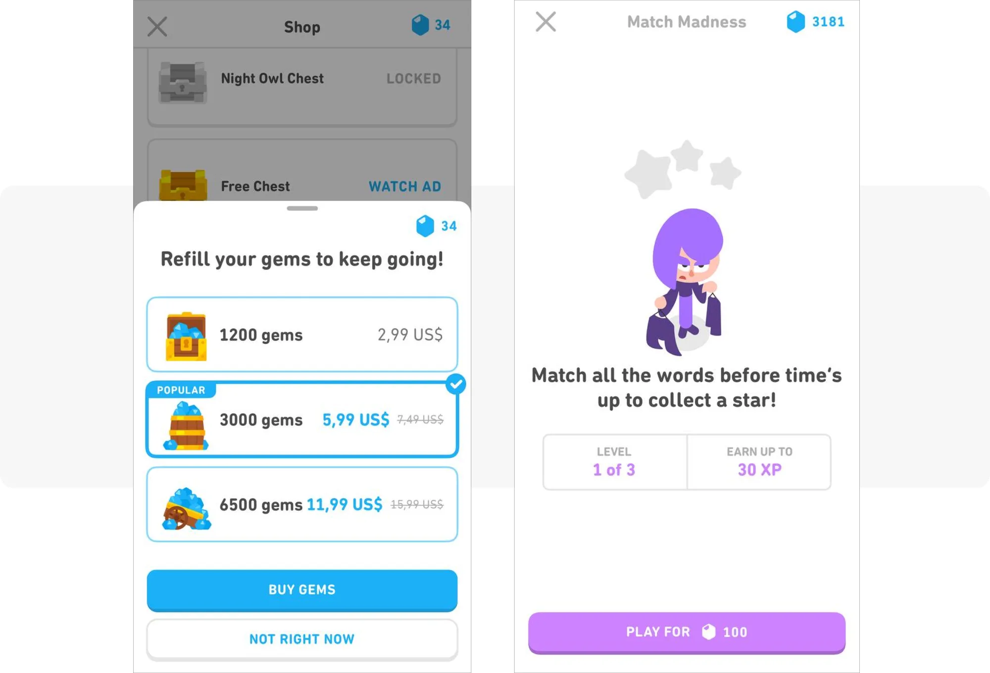 Beispiel für den Kauf von Edelsteinen bei Duolingo