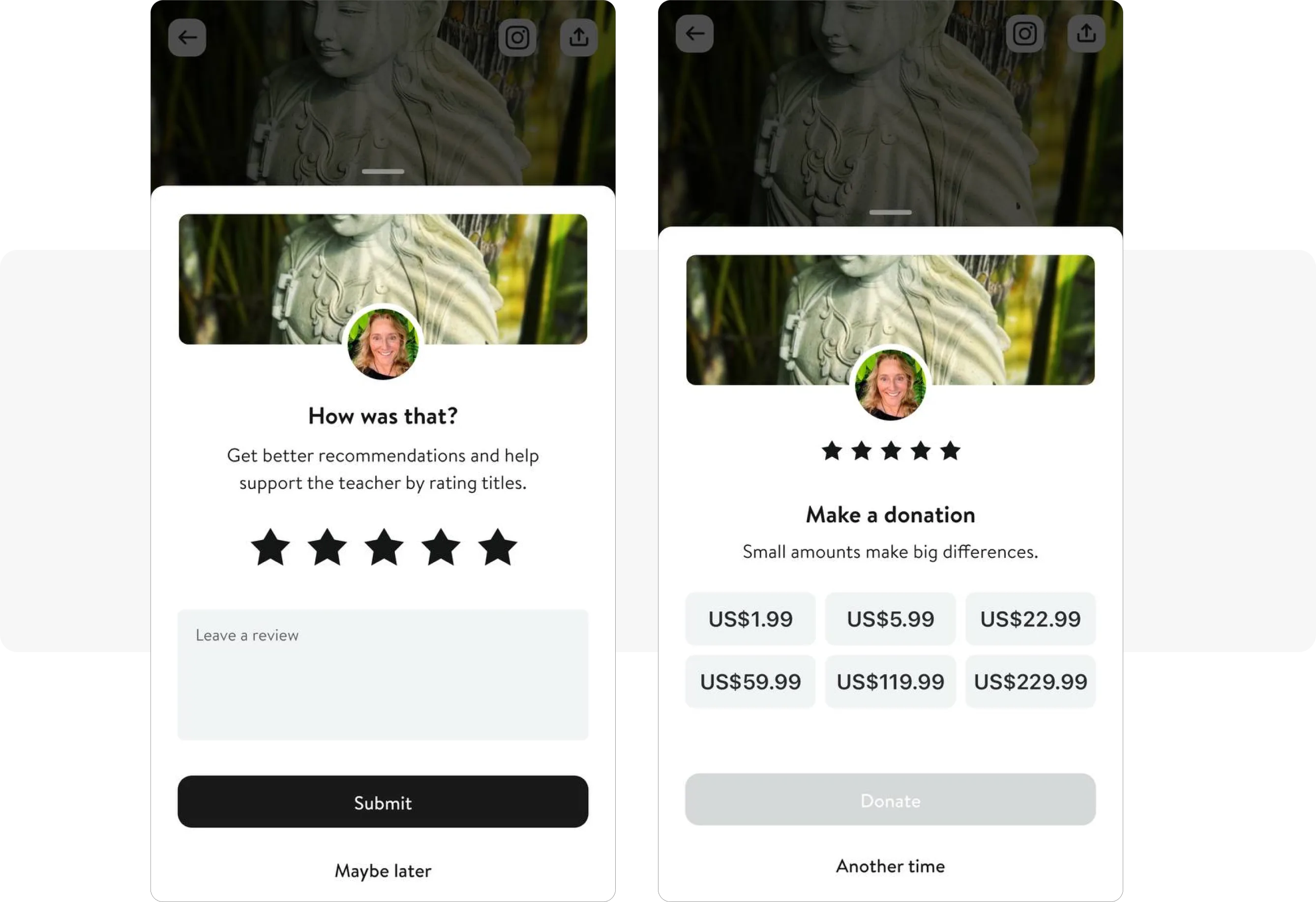 Beispiel für Spendenaufforderungen bei Insight Timer