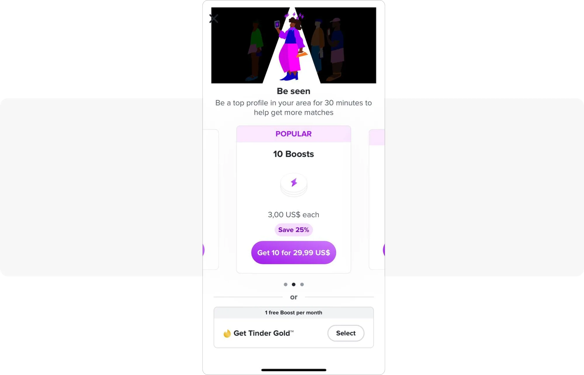Beispiel für die Bewerbung von Boosts bei Tinder