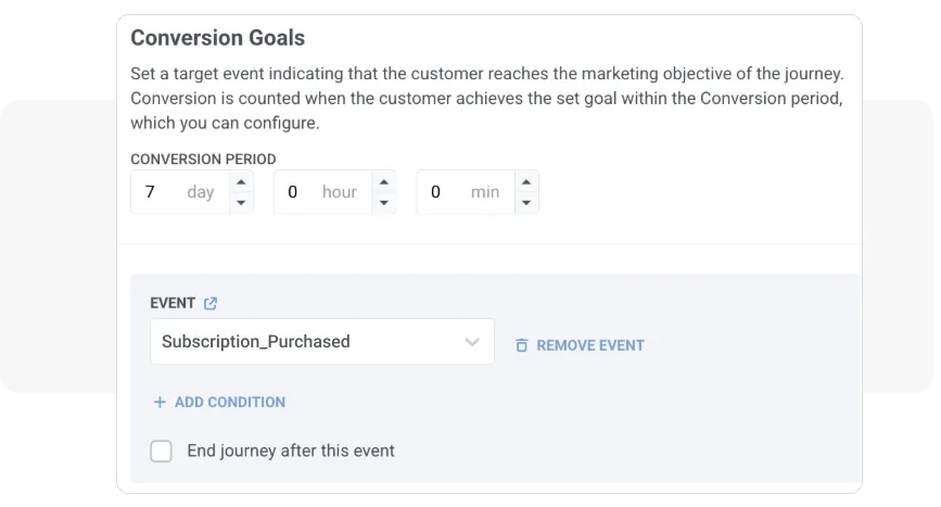การตั้งค่าเป้าหมาย conversion ใน Pushwoosh Customer Journey Builder