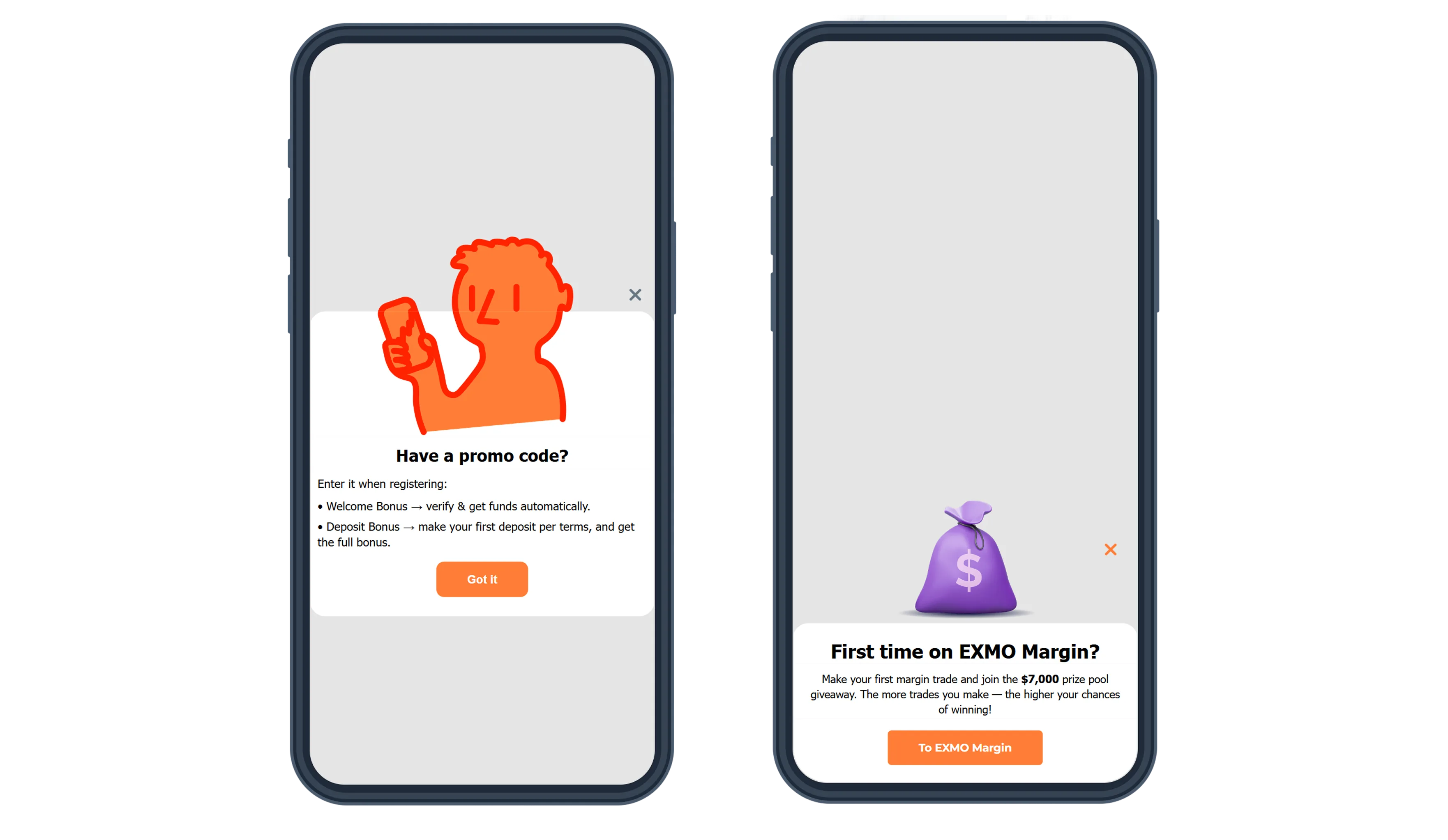 Mensajes in-app para la adopción y promoción de funciones - aplicación de criptomonedas fintech EXMO