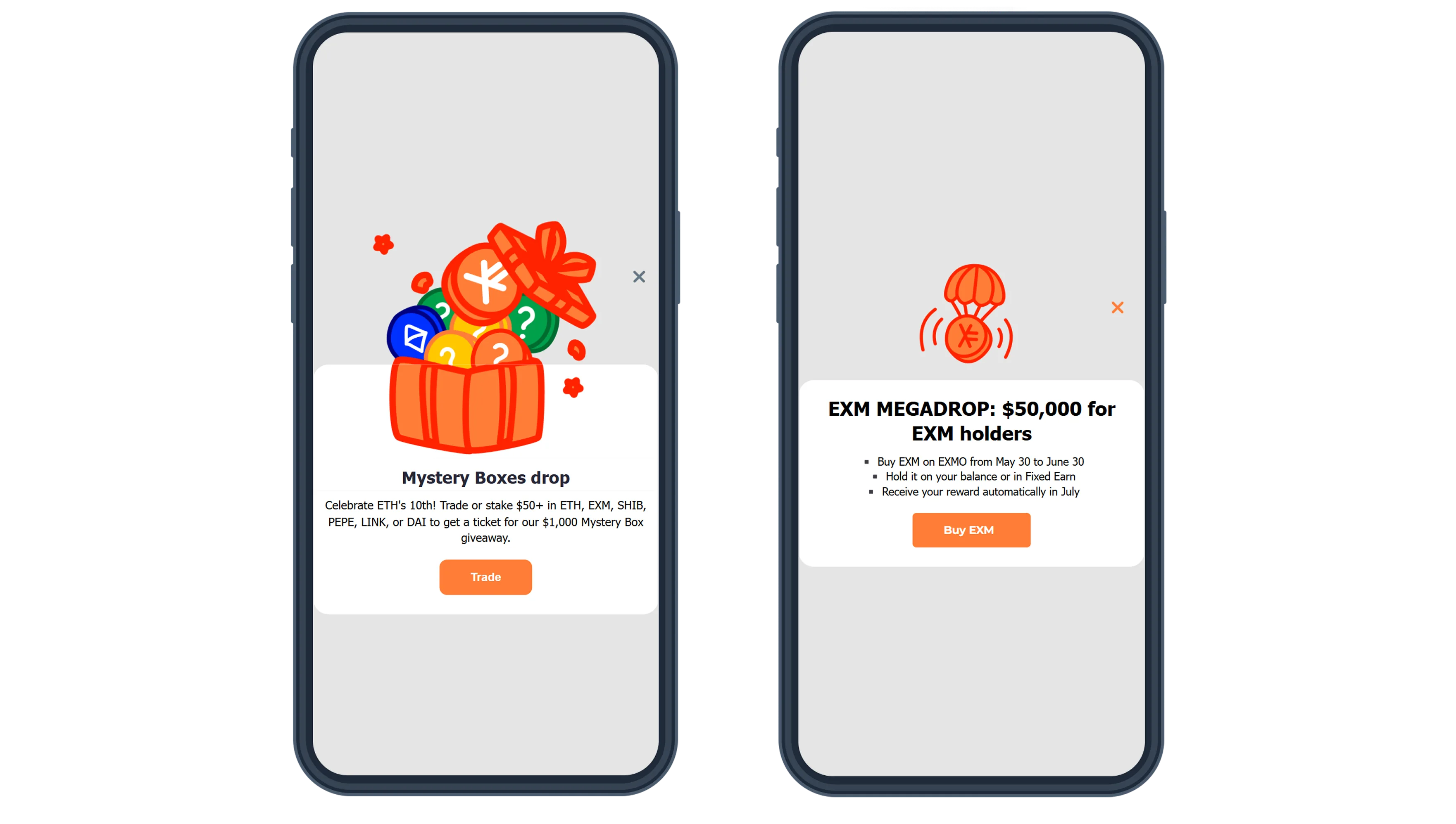Mensajes in-app promocionales - aplicación de criptomonedas fintech EXMO