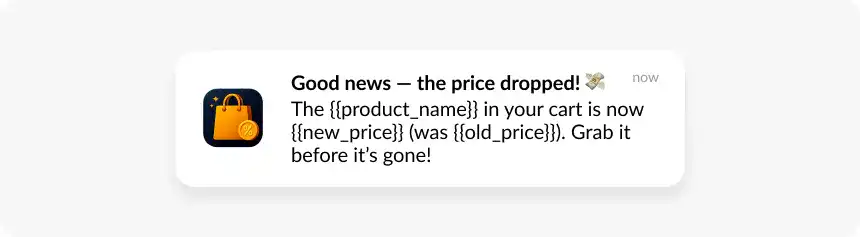 Price drop alert abandoned cart notification example