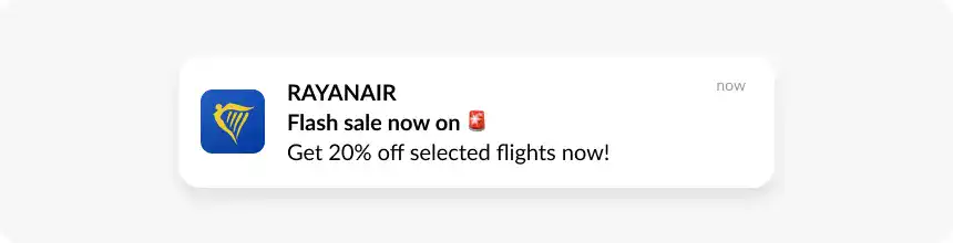 Flash sale FOMO push notification example from Ryanair