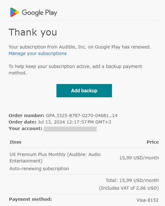 Google Play Abonnementverlängerungs-E-Mail