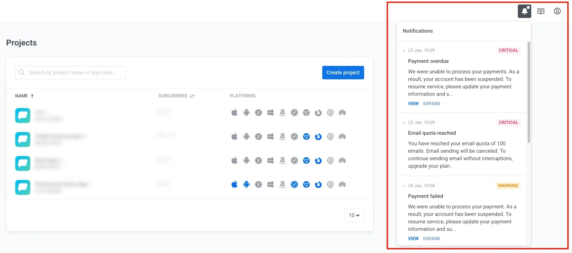 Pushwoosh notification center — projects और apps के direct links जिन पर attention चाहिए