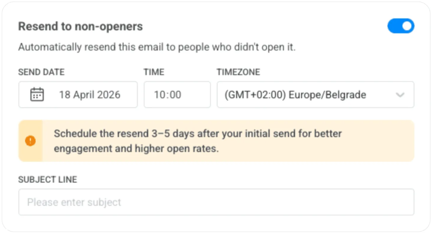 Pushwoosh email setup में resend-to-non-openers toggle